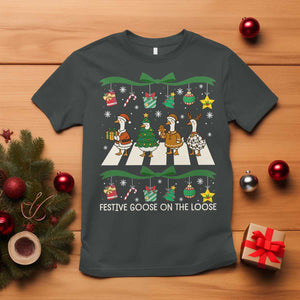 Festive Goose On The Loose Christmas T Shirt Cute Xmas Duck Silly Gooses Coquette Bow TS10 Dark Heather Print Your Wear