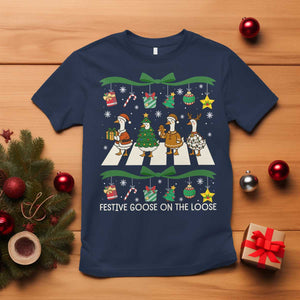 Festive Goose On The Loose Christmas T Shirt Cute Xmas Duck Silly Gooses Coquette Bow TS10 Navy Print Your Wear