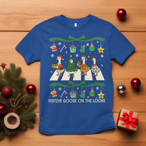 Festive Goose On The Loose Christmas T Shirt Cute Xmas Duck Silly Gooses Coquette Bow TS10 Royal Blue Print Your Wear