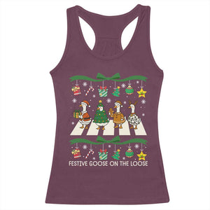 Festive Goose On The Loose Christmas Racerback Tank Top Cute Xmas Duck Silly Gooses Coquette Bow TS10 Maroon Print Your Wear