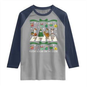 Festive Goose On The Loose Christmas Raglan Shirt Cute Xmas Duck Silly Gooses Coquette Bow TS10 Sport Gray Navy Print Your Wear