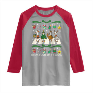 Festive Goose On The Loose Christmas Raglan Shirt Cute Xmas Duck Silly Gooses Coquette Bow TS10 Sport Gray Red Print Your Wear