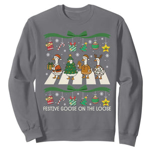 Festive Goose On The Loose Christmas Sweatshirt Cute Xmas Duck Silly Gooses Coquette Bow TS10 Charcoal Print Your Wear