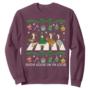 Festive Goose On The Loose Christmas Sweatshirt Cute Xmas Duck Silly Gooses Coquette Bow TS10 Maroon Print Your Wear