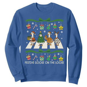 Festive Goose On The Loose Christmas Sweatshirt Cute Xmas Duck Silly Gooses Coquette Bow TS10 Royal Blue Print Your Wear