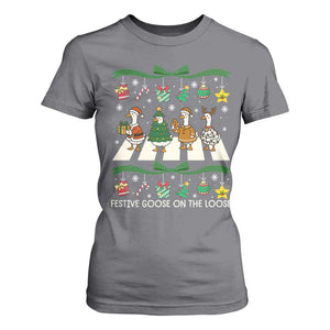 Festive Goose On The Loose Christmas T Shirt For Women Cute Xmas Duck Silly Gooses Coquette Bow TS10 Charcoal Print Your Wear
