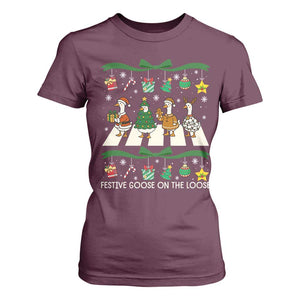 Festive Goose On The Loose Christmas T Shirt For Women Cute Xmas Duck Silly Gooses Coquette Bow TS10 Maroon Print Your Wear