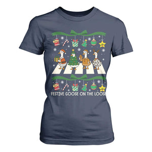 Festive Goose On The Loose Christmas T Shirt For Women Cute Xmas Duck Silly Gooses Coquette Bow TS10 Navy Print Your Wear