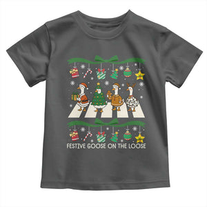 Festive Goose On The Loose Christmas Toddler T Shirt Cute Xmas Duck Silly Gooses Coquette Bow TS10 Dark Heather Print Your Wear