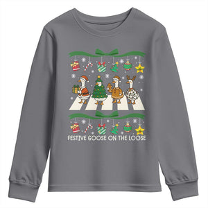 Festive Goose On The Loose Christmas Youth Sweatshirt Cute Xmas Duck Silly Gooses Coquette Bow TS10 Charcoal Print Your Wear
