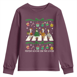 Festive Goose On The Loose Christmas Youth Sweatshirt Cute Xmas Duck Silly Gooses Coquette Bow TS10 Maroon Print Your Wear