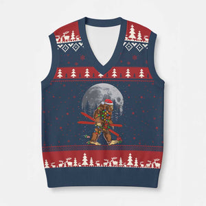 Santa Bigfoot Xmas V-Neck Knit Sweater Vest Funny Sasquatch Skiing Snowboard Ski Lover Skier TS10 Navy Red Print Your Wear