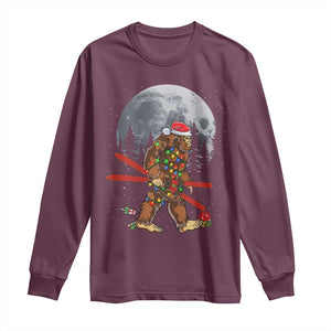 Santa Bigfoot Christmas Long Sleeve Shirt Funny Sasquatch Skiing Snowboard Ski Lover Skier TS10 Maroon Print Your Wear