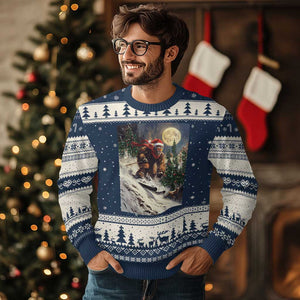 Xmas Bigfoot Skiing Ugly Christmas Sweater Funny Santa Sasquatch Snowboard Ski Lover Skier TS10 Navy Beige Print Your Wear