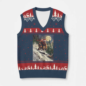 Xmas Bigfoot Skiing V-Neck Knit Sweater Vest Funny Santa Sasquatch Snowboard Ski Lover Skier TS10 Navy Red Print Your Wear