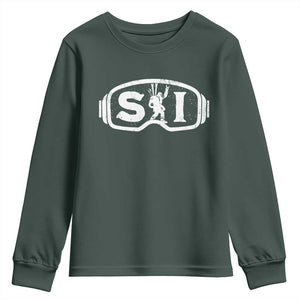 Bigfoot Skiing Youth Sweatshirt Sasquatch Goggles Skiing Snow Ski Lover Skier TS10 Dark Forest Green Print Your Wear
