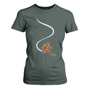 Bigfoot Skiing T Shirt For Women Funny Sasquatch Ski Lover Mountain Skier Winter Sports TS10 Dark Forest Green Print Your Wear