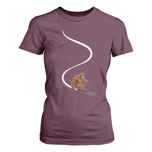 Bigfoot Skiing T Shirt For Women Funny Sasquatch Ski Lover Mountain Skier Winter Sports TS10 Maroon Print Your Wear