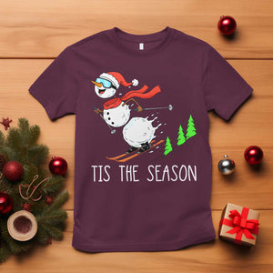 Funny Skiing Snowman T Shirt Funny Tis The Season Snow Ski Lover Skier TS10 Maroon Print Your Wear