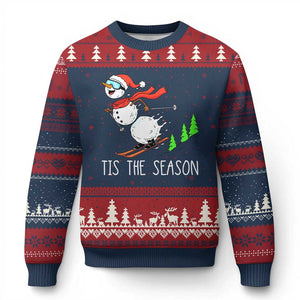 Funny Skiing Snowman Ugly Christmas Sweater Funny Tis The Season Snow Ski Lover Skier TS10 Navy Red Print Your Wear