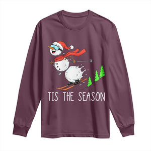Funny Skiing Snowman Long Sleeve Shirt Funny Tis The Season Snow Ski Lover Skier TS10 Maroon Print Your Wear