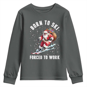 Skiing Santa Christmas Youth Sweatshirt Funny Born to Ski Forced to Work TS10 Dark Heather Print Your Wear