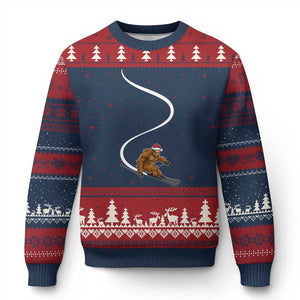 Xmas Bigfoot Skiing Ugly Christmas Sweater Funny Santa Sasquatch Ski Lover Mountain Skier Winter Sports TS10 Navy Red Print Your Wear