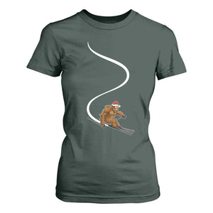 Christmas Bigfoot Skiing T Shirt For Women Funny Santa Sasquatch Ski Lover Mountain Skier Winter Sports TS10 Dark Forest Green Print Your Wear
