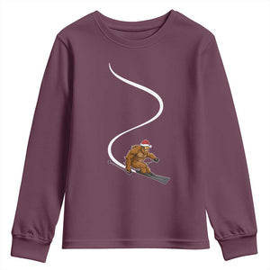 Christmas Bigfoot Skiing Youth Sweatshirt Funny Santa Sasquatch Ski Lover Mountain Skier Winter Sports TS10 Maroon Print Your Wear