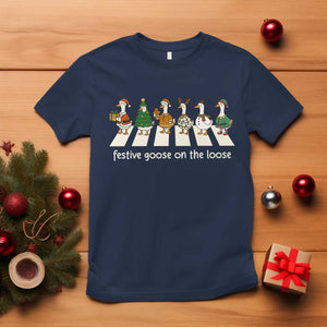 Funny Christmas Goose T Shirt Festive Goose On The Loose Xmas Meme TS10 Navy Print Your Wear