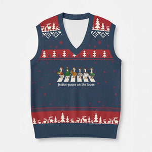 Funny Xmas Goose V-Neck Knit Sweater Vest Festive Goose On The Loose Xmas Meme TS10 Navy Red Print Your Wear