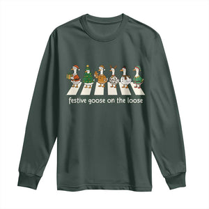 Funny Christmas Goose Long Sleeve Shirt Festive Goose On The Loose Xmas Meme TS10 Dark Forest Green Print Your Wear