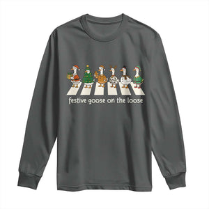 Funny Christmas Goose Long Sleeve Shirt Festive Goose On The Loose Xmas Meme TS10 Dark Heather Print Your Wear