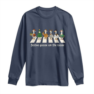 Funny Christmas Goose Long Sleeve Shirt Festive Goose On The Loose Xmas Meme TS10 Navy Print Your Wear