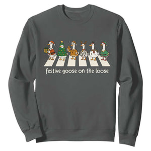 Funny Christmas Goose Sweatshirt Festive Goose On The Loose Xmas Meme TS10 Dark Heather Print Your Wear