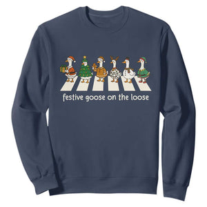 Funny Christmas Goose Sweatshirt Festive Goose On The Loose Xmas Meme TS10 Navy Print Your Wear