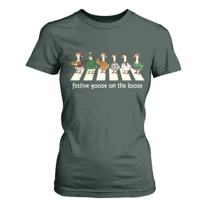Funny Christmas Goose T Shirt For Women Festive Goose On The Loose Xmas Meme TS10 Dark Forest Green Print Your Wear