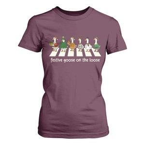 Funny Christmas Goose T Shirt For Women Festive Goose On The Loose Xmas Meme TS10 Maroon Print Your Wear