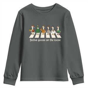 Funny Christmas Goose Youth Sweatshirt Festive Goose On The Loose Xmas Meme TS10 Dark Heather Print Your Wear