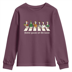 Funny Christmas Goose Youth Sweatshirt Festive Goose On The Loose Xmas Meme TS10 Maroon Print Your Wear