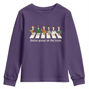 Funny Christmas Goose Youth Sweatshirt Festive Goose On The Loose Xmas Meme TS10 Purple Print Your Wear
