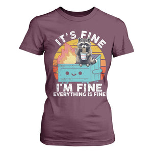 Funny Racoon T Shirt For Women Eating Instant Noodle Cup Dumpster Fire Everything Is Fine Meme TS10 Maroon Print Your Wear