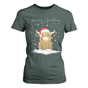 Christmas Cow T Shirt For Women Scottish Highland Cow Moo-rry Christmas TS10 Dark Forest Green Print Your Wear