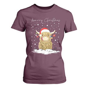 Christmas Cow T Shirt For Women Scottish Highland Cow Moo-rry Christmas TS10 Maroon Print Your Wear
