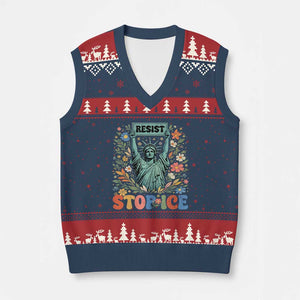 Stop ICE V-Neck Knit Sweater Vest Funny Statue of Liberty Boho Floral Resist Retro TS10 Navy Red Print Your Wear