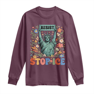 Stop ICE Long Sleeve Shirt Funny Statue of Liberty Boho Floral Resist Retro TS10 Maroon Print Your Wear
