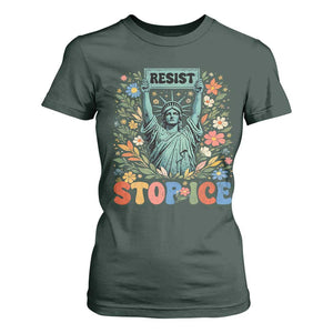Stop ICE T Shirt For Women Funny Statue of Liberty Boho Floral Resist Retro TS10 Dark Forest Green Print Your Wear