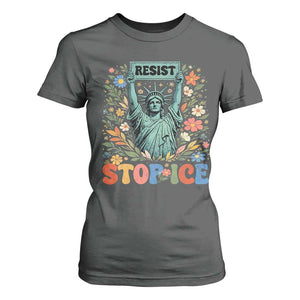 Stop ICE T Shirt For Women Funny Statue of Liberty Boho Floral Resist Retro TS10 Dark Heather Print Your Wear