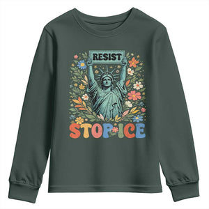 Stop ICE Youth Sweatshirt Funny Statue of Liberty Boho Floral Resist Retro TS10 Dark Forest Green Print Your Wear