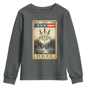 Fck Ice Youth Sweatshirt Retro Tarot Card FDT Protest Satirical Graphic TS10 Dark Heather Print Your Wear